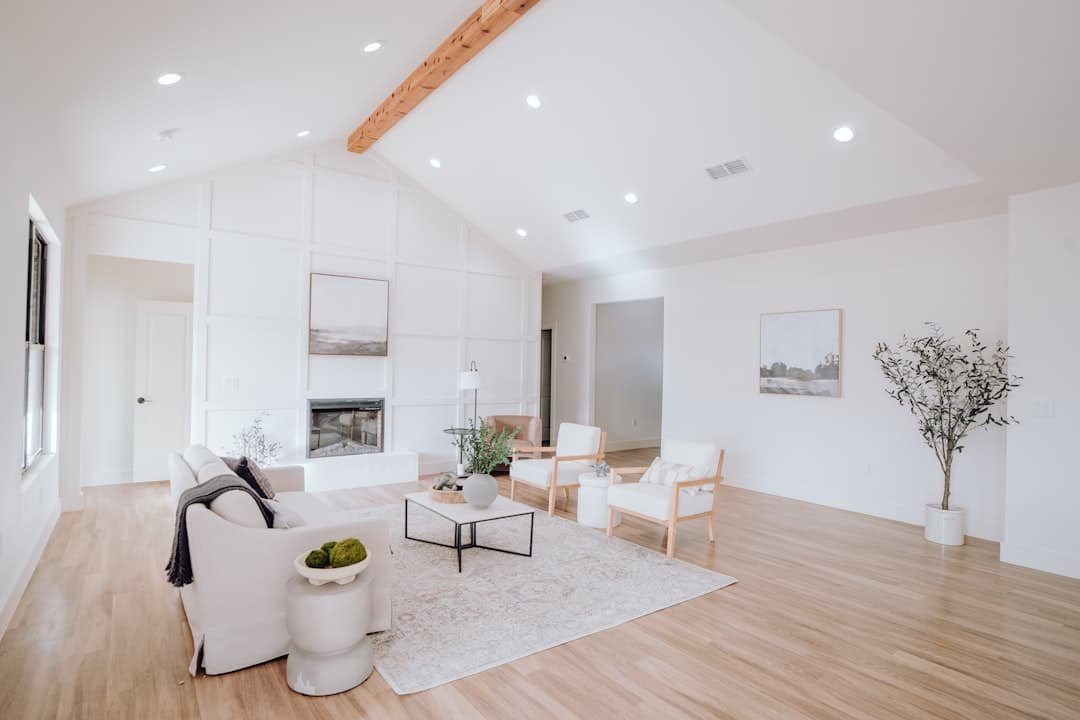 Modern home interior with clean white walls and natural wood accents
