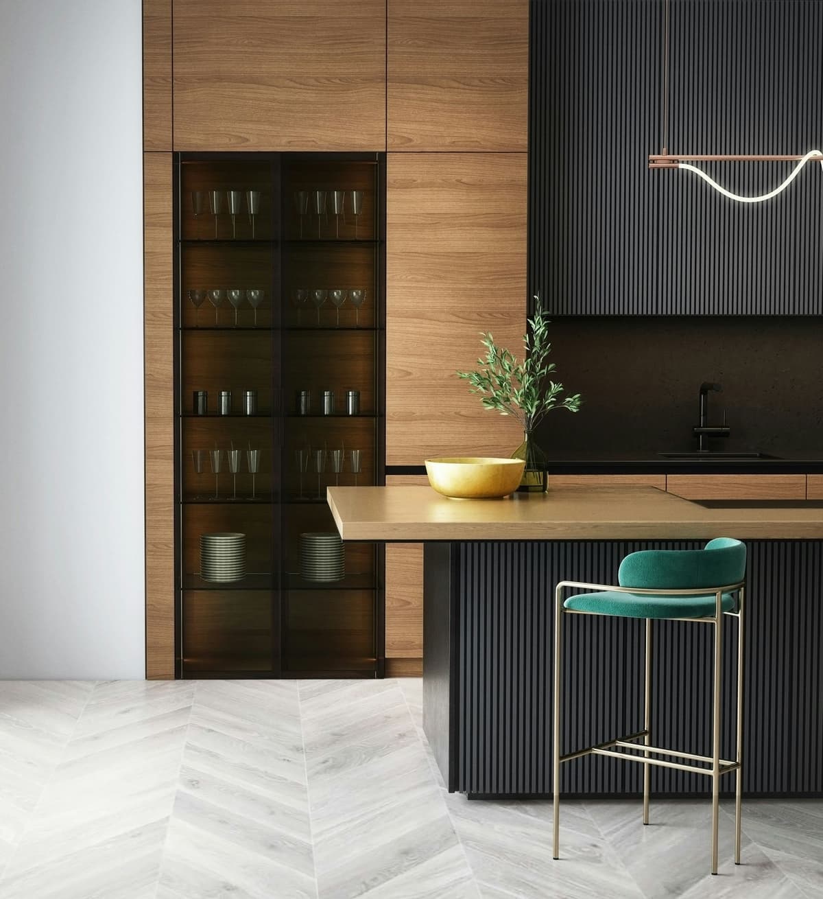 Modern kitchen with oak and dark fluted cabinetry, glass-front display, and herringbone floors