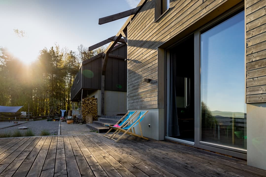 Outdoor deck with natural wood finish and comfortable seating area