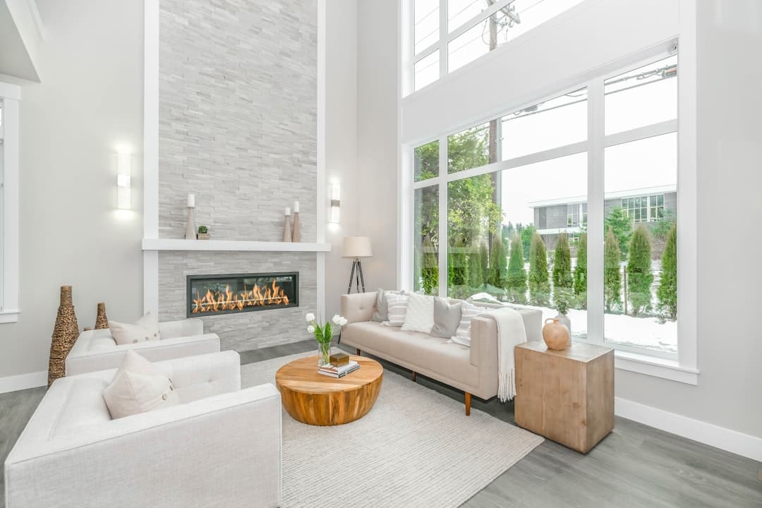 Contemporary coastal living room with smooth painted walls and abundant natural light