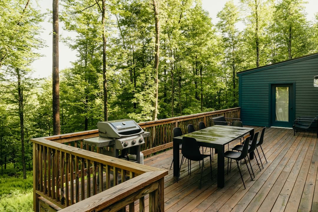 Wooden deck with warm stain finish and inviting outdoor seating area